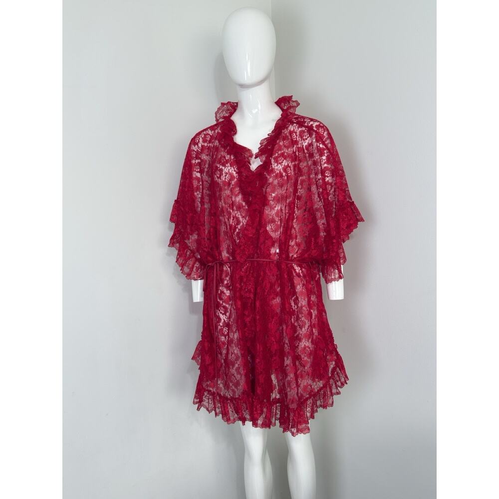 Vintage Intimate Attitudes Women Red Sheer Lace Lingerie Robe Ruffle Size 3/4
